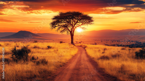 Fototapeta Naklejka Na Ścianę i Meble -  A stunning sunset over the African savanna with an acacia tree silhouette, casting golden light across the vast land