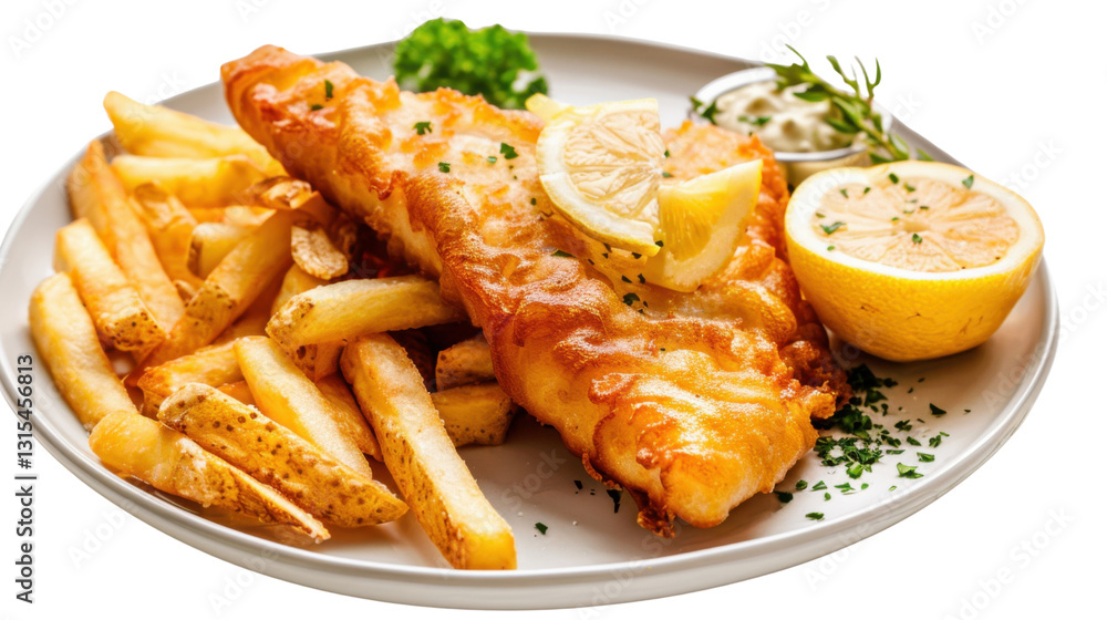 Crispy fried fish fillet with french fries, lemon, and tartar sauce on transparent background Crispy fried fish fillet with french fries, lemon, and tartar sauce on transparent background