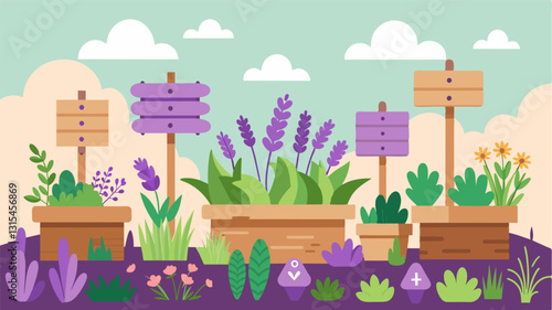 The scent of lavender filled the air as we made our way through a charming herb garden adorned with rustic wooden signs pointing out the names and uses of the variety of plants.. Vector illustration