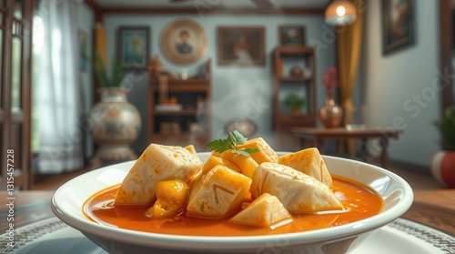 Mamok Trei Cambodian Curry with Fresh Steamed Fish on White Plate