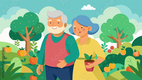 A smiling senior couple arm in arm admiring the lush greenery of their community garden and reminiscing about the joy of gardening.. Vector illustration