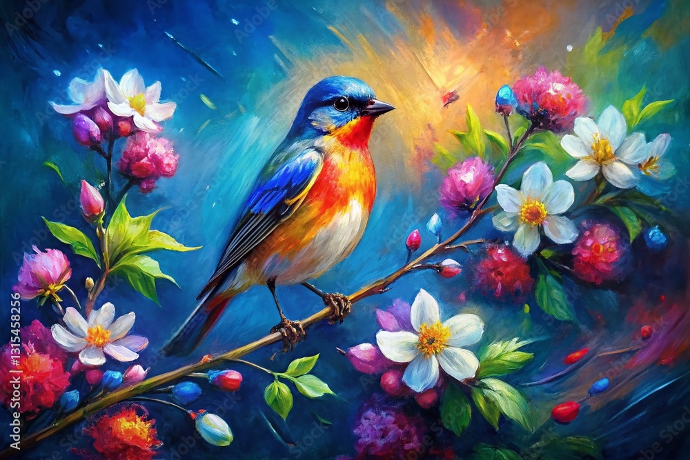 Abstract Bird & Spring Flower Oil Painting, Low Light Brushstrokes Canvas Art Abstract Bird & Spring Flower Oil Painting, Low Light Brushstrokes Canvas Art