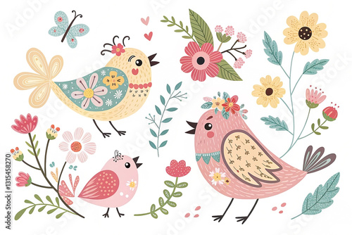 Cute floral birds and flowers illustration.