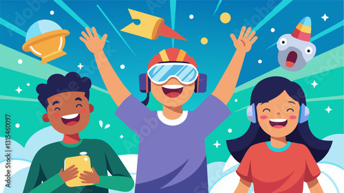The joy and fulfillment on the faces of the teens as they see their hard work and creativity come to life in their virtual reality game.. Vector illustration