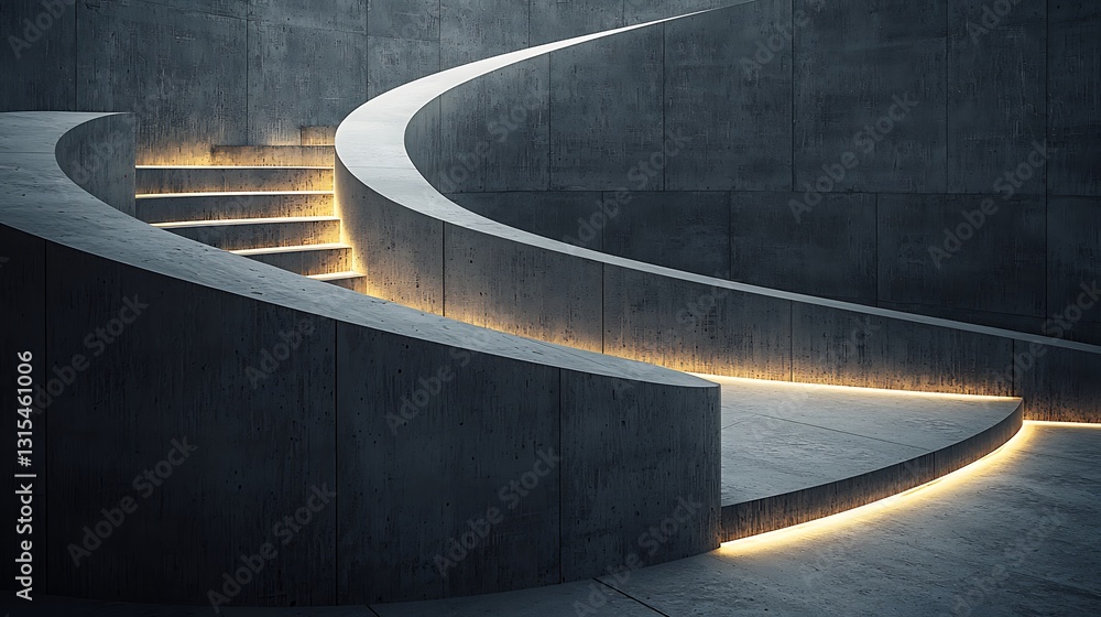 Obraz premium Modern Concrete Curved Staircase with Warm Lighting