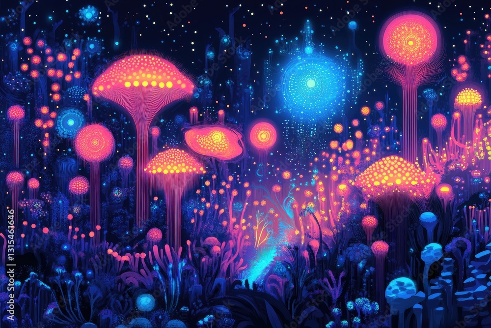 Fototapeta premium A vividly colored digital illustration of a neon bioluminescent garden with radiant patterns and surreal details