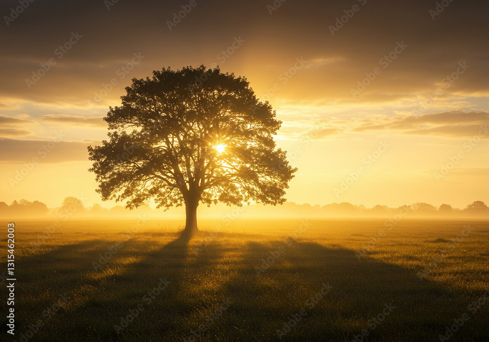 Fototapeta premium Majestic Sunrise: Solitary Tree in Misty Meadow