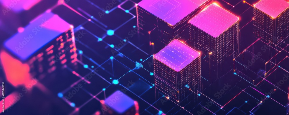 Visualization of blockchain technology featuring digital chain and network nodes, representing data security and decentralized systems in futuristic design. Visualization of blockchain technology featuring digital chain and network nodes, representing data security and decentralized systems in futuristic design.