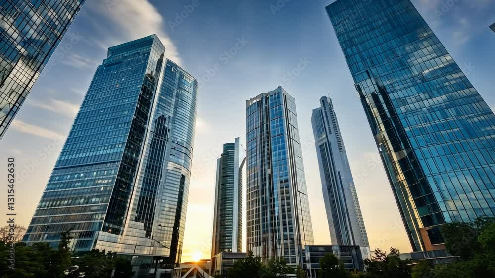 Modern city skyline with towering glass skyscrapers reflecting the golden sunset, creating a stunning urban landscape with contemporary architecture, green spaces, and a business district atmosphere. Modern city skyline with towering glass skyscrapers reflecting the golden sunset, creating a stunning urban landscape with contemporary architecture, green spaces, and a business district atmosphere.