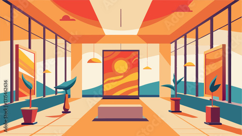 As the sun set the large windows of the exhibit space allowed the warm natural light to cast a soft glow on the vibrant pieces adding an enchanting ambiance to the event.. Vector illustration