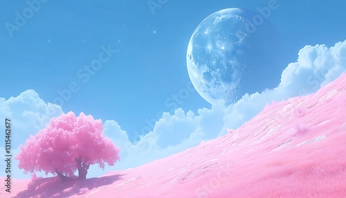 Pink tree, moonlit hill, dreamy sky, fantasy art, website