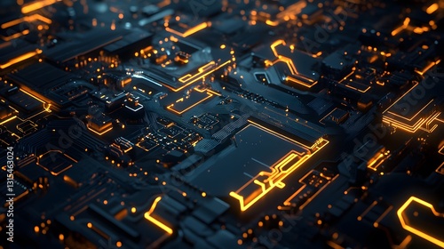 Realistic close-up of a high-tech circuit board with intricate pathways and glowing LEDs, against a dark, reflective surface