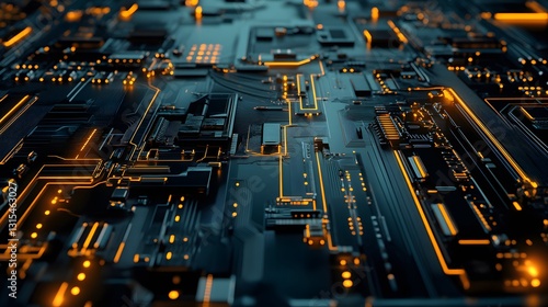 Realistic close-up of a high-tech circuit board with intricate pathways and glowing LEDs, against a dark, reflective surface