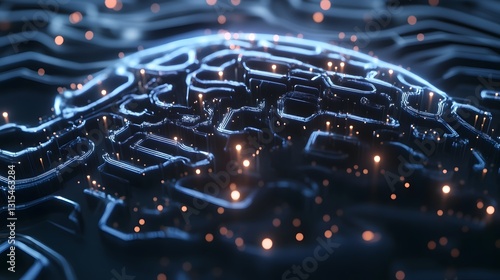 Realistic close-up of a futuristic AI brain interface with intricate neural network patterns and soft, pulsating light, dark background