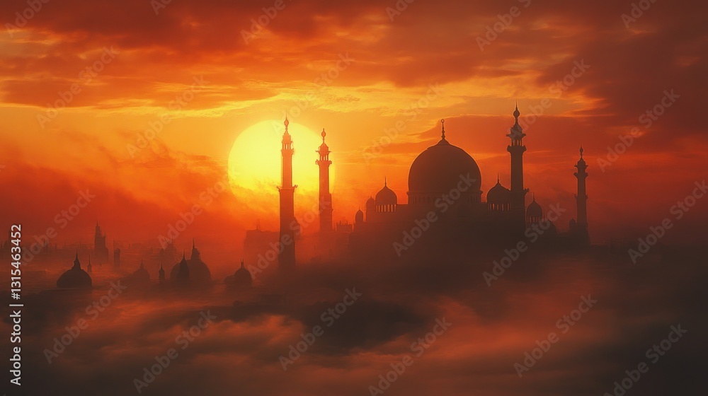 Obraz premium Majestic mosque silhouette at dawn, a serene representation of faith and culture