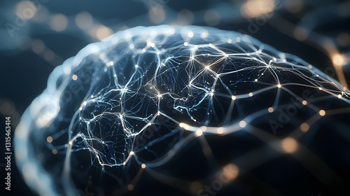 Realistic close-up of a futuristic AI brain interface with intricate neural network patterns and soft, pulsating light, dark background