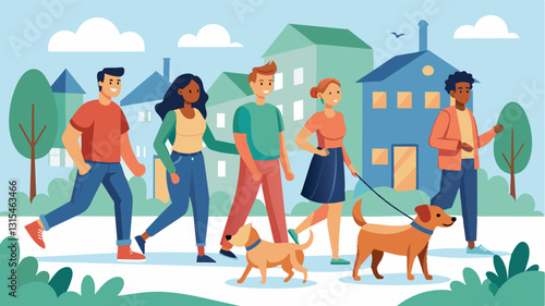 A sense of community with the neighborhood dog walking group becoming a regular and beloved part of the daily routine for both human and canine residents.. Vector illustration