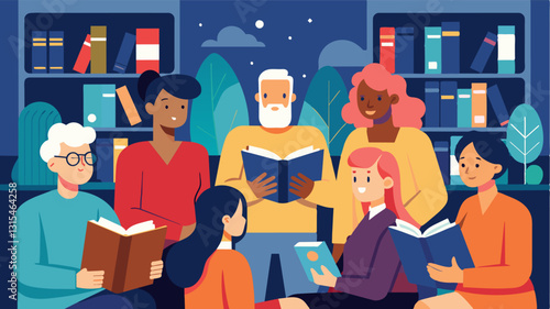An intimate gathering at a local bookstore where residents read and discuss their favorite short stories and the meanings behind them.. Vector illustration