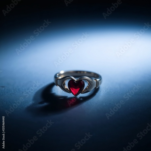 Long exposure photograph of a Claddagh ring in rich burgundy and deep blue tones with soft light photo