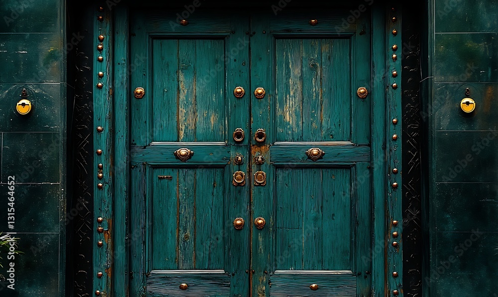 Fototapeta premium Closeup Of Weathered Teal Wooden Double Door With Ornate Gold Accents And Metal Details