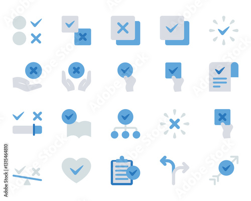 Blue color icons set for Choice accepted, checkmark, validation, check.