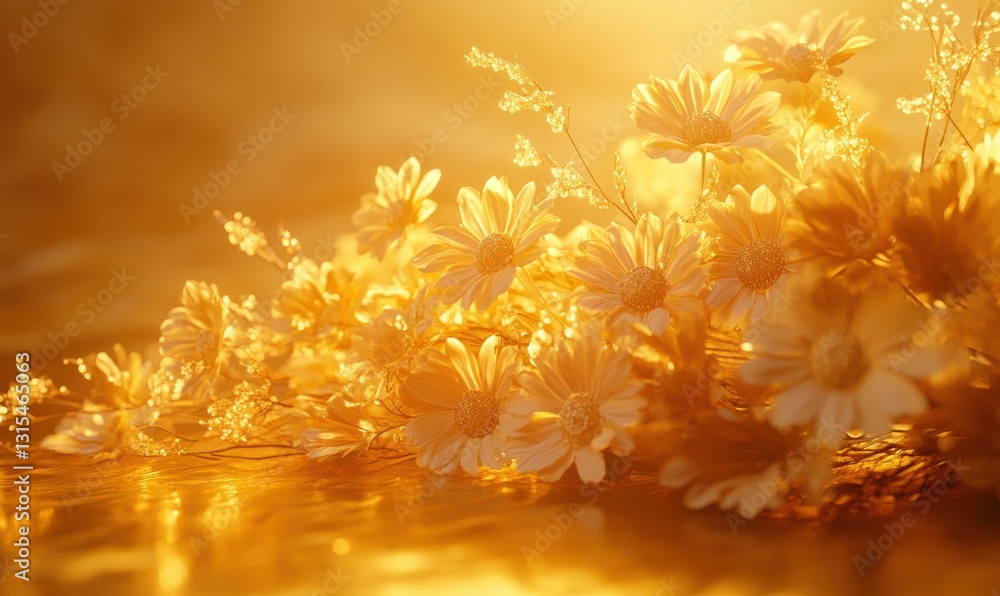 Golden flower arrangement resting on a textured warm background illuminated by soft natural light creating a vibrant and elegant composition .