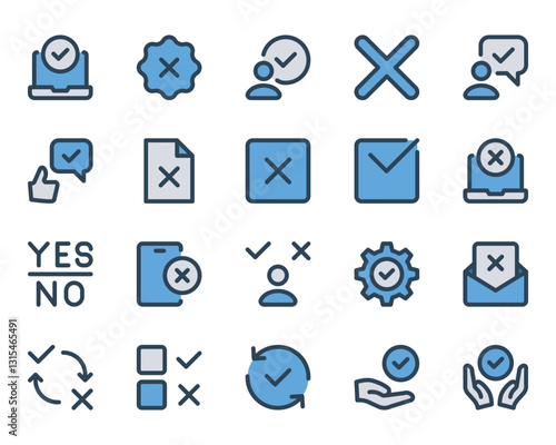 Filled blue outline icons set for Choice accepted, checkmark, validation, check.