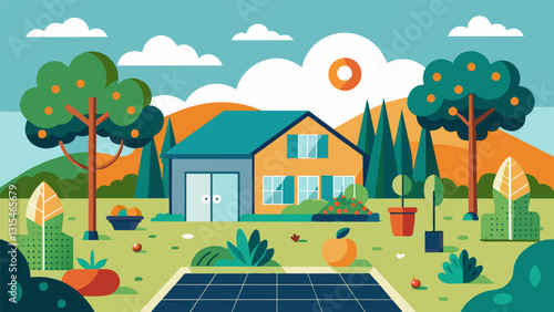 The backyard of this datadriven home features a garden that is tailored to the climate and soil conditions resulting in a flourishing bounty of fruits and vegetables.. Vector illustration