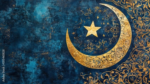 Ornate gold crescent moon & star design against textured blue background, with filigree details, celestial vibe, and spiritual elegance