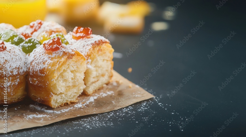 A beautifully crafted pastry dusted with powdered sugar served on a plate for a delightful breakfast treat A beautifully crafted pastry dusted with powdered sugar served on a plate for a delightful breakfast treat