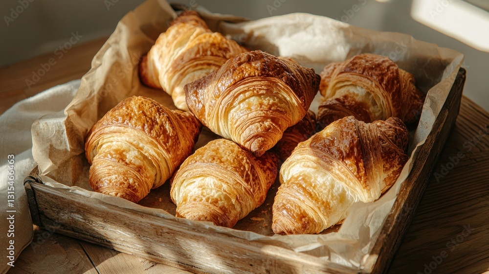 Golden brown croissants arranged in a rustic wooden box, bathed in warm sunlight. The pastries are flaky and appear freshly baked, sitting on parchment paper Golden brown croissants arranged in a rustic wooden box, bathed in warm sunlight. The pastries are flaky and appear freshly baked, sitting on parchment paper