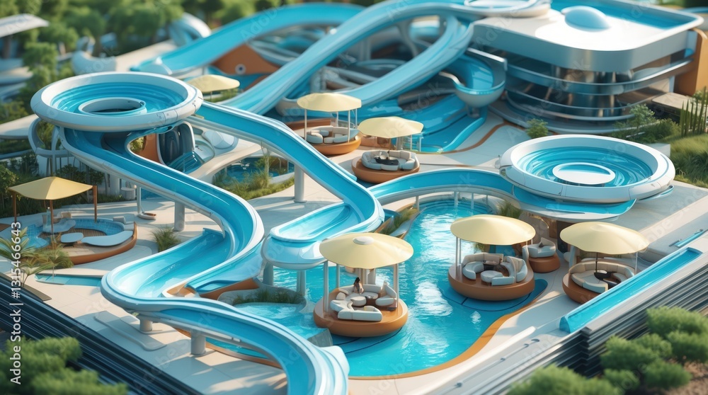 Aerial View of Modern Water Park with Slides and Loungers Aerial View of Modern Water Park with Slides and Loungers