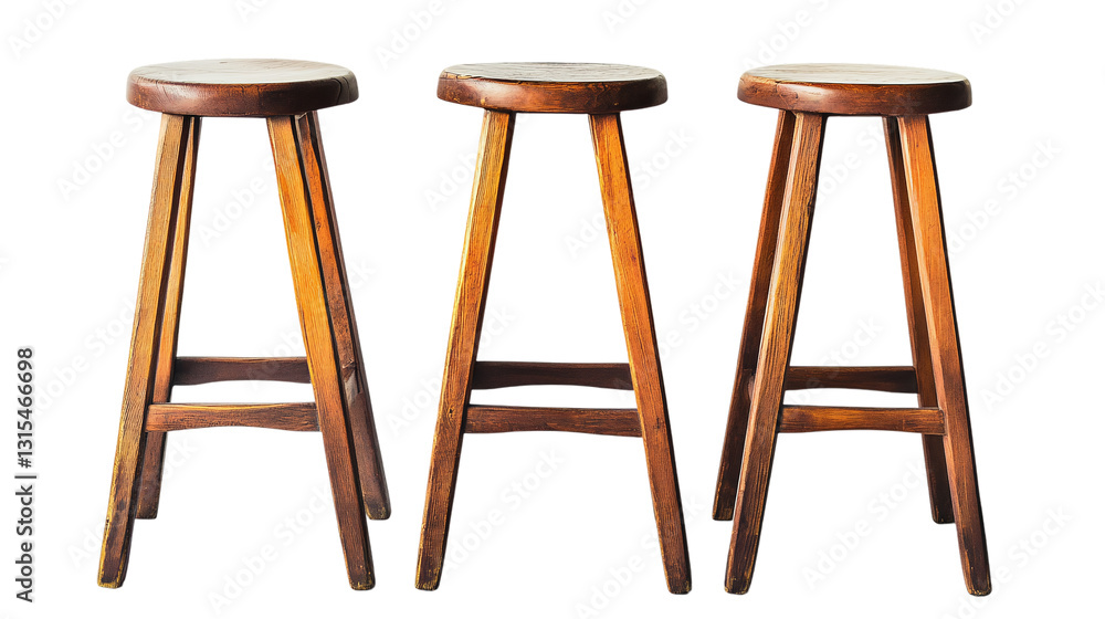 Group of three high wooden stools isolated on transparent background offering vintage, comfortable, and elegant seating, perfect for a retro restaurant or cafe, or home interior design. Group of three high wooden stools isolated on transparent background offering vintage, comfortable, and elegant seating, perfect for a retro restaurant or cafe, or home interior design.