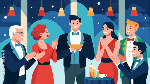 A volunteer recognition dinner at a fancy hotel where volunteers are dressed in their best attire and applauded for their unwavering commitment to making a difference in their. Vector illustration