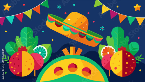 The vibrant colors of papel picado and sombreros blended seamlessly with the lively atmosphere of the fiesta with the highlight being the mouthwatering al pastor tacos.. Vector illustration