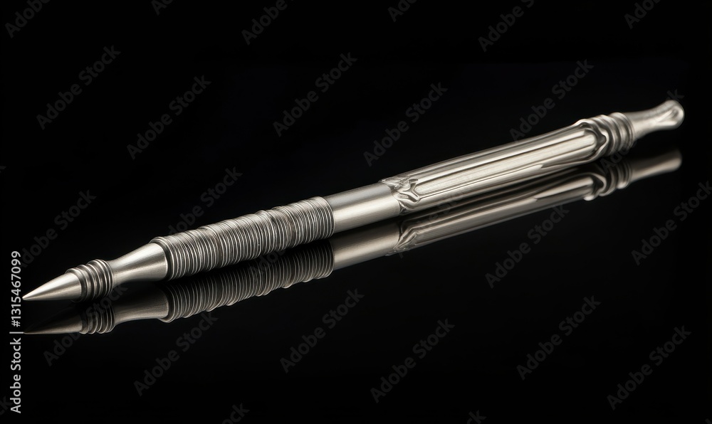 Silver pen placed on reflective surface with black background, horizontal. Silver pen placed on reflective surface with black background, horizontal.