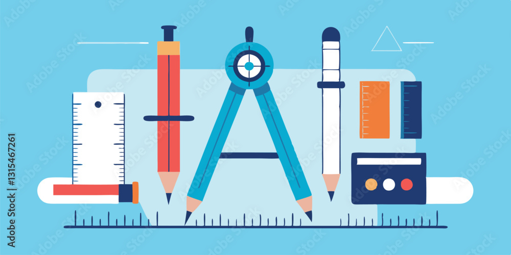 Obraz premium Variety of colorful stationery tools arranged neatly on a light background, showcasing essential items for drawing and drafting in a creative workspace