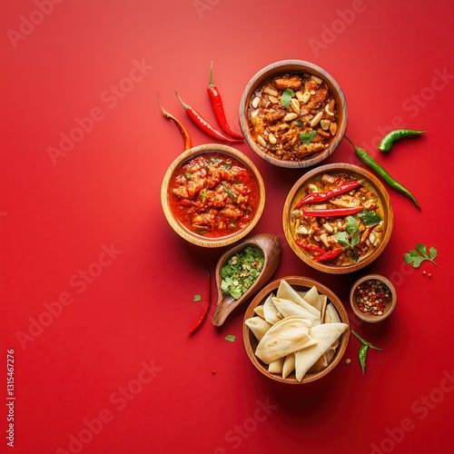 Wallpaper Mural Vibrant variety of flavorful indian cuisine served on a red background showcasing colorful dishes and spices Torontodigital.ca