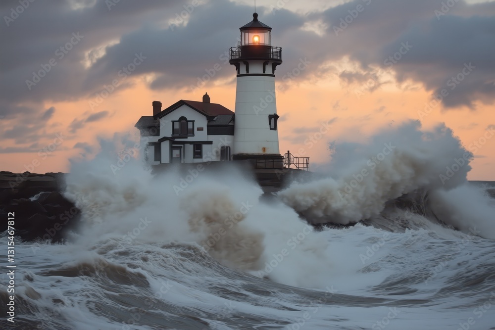 Obraz premium lighthouse enduring stormy waves under golden sunlight.