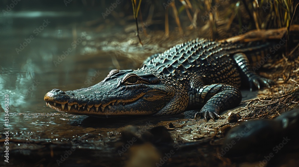 Fototapeta premium Close-up of a crocodile resting near water.