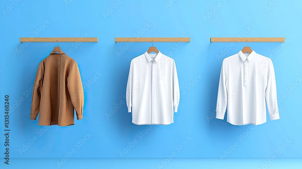 Three garments, brown jacket and two white shirts, hanging on wooden racks against a light blue wall. Three garments, brown jacket and two white shirts, hanging on wooden racks against a light blue wall.