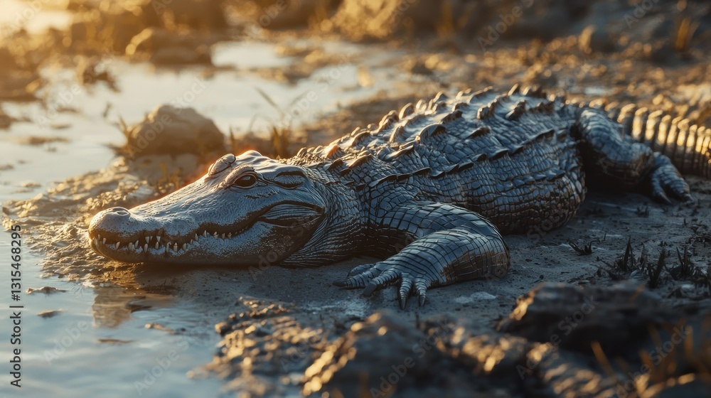 Obraz premium Alligator resting on muddy riverbank at sunset.