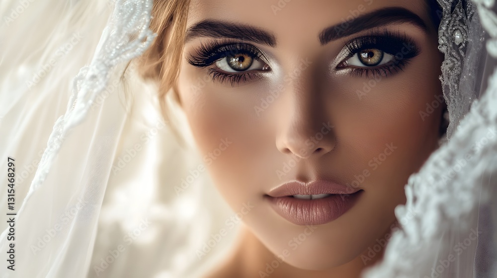 Realistic close-up of a bride’s face, with detailed makeup & an elegant veil. The focus is on her eyes, her skin & her makeup Realistic close-up of a bride’s face, with detailed makeup & an elegant veil. The focus is on her eyes, her skin & her makeup