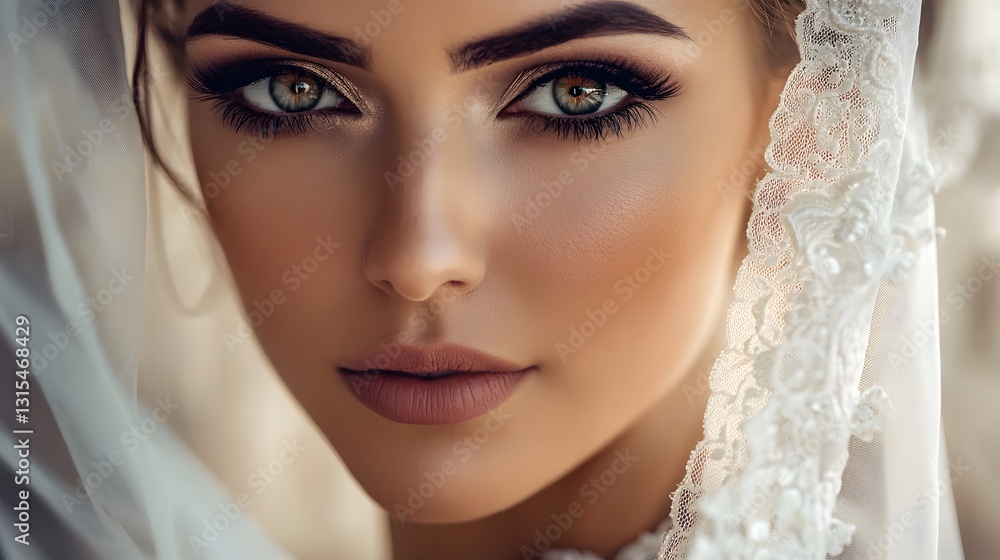 Realistic close-up of a bride’s face, with detailed makeup & an elegant veil. The focus is on her eyes, her skin & her makeup Realistic close-up of a bride’s face, with detailed makeup & an elegant veil. The focus is on her eyes, her skin & her makeup