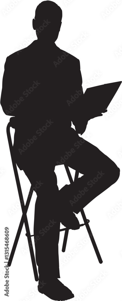 This silhouette illustration depicts a man sitting on a stool, holding a laptop or a book, possibly engaged in work, study, or presentation. The posture suggests confidence and professionalism.