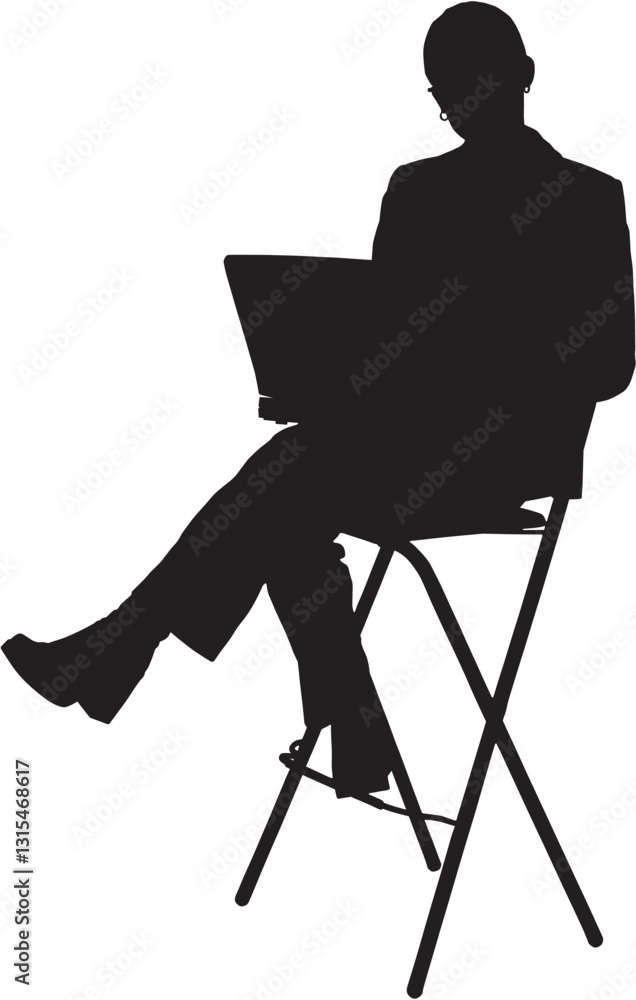 This silhouette illustration depicts a woman sitting on a stool, holding a laptop or a book, possibly engaged in work, study, or presentation. The posture suggests confidence and professionalism.
