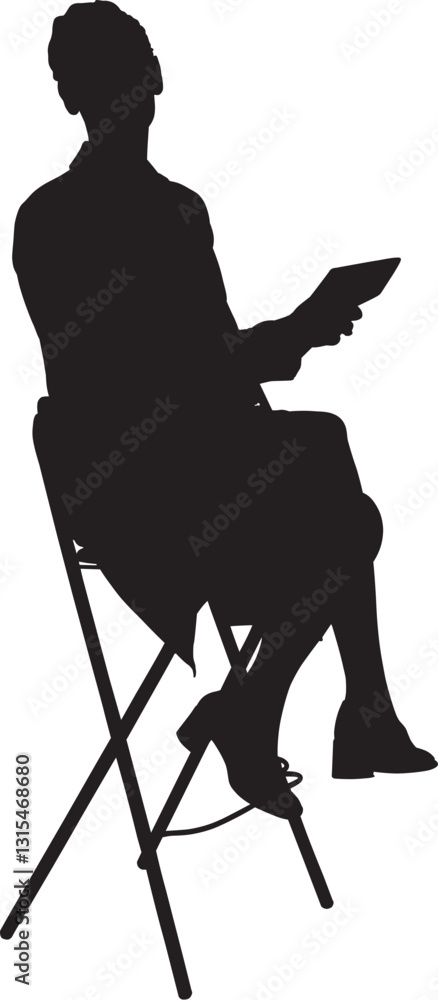 This silhouette illustration depicts a woman sitting on a stool, holding a ipad or a book, possibly engaged in work, study, or presentation. The posture suggests confidence and professionalism.