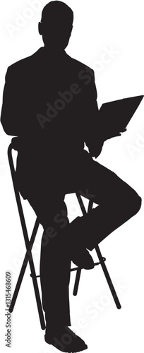 Obraz na płótnie This silhouette illustration depicts a man sitting on a stool, holding a laptop or a book, possibly engaged in work, study, or presentation. The posture suggests confidence and professionalism. w salonie