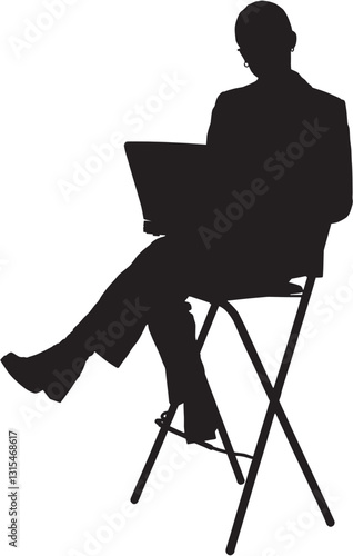 This silhouette illustration depicts a woman sitting on a stool, holding a laptop or a book, possibly engaged in work, study, or presentation. The posture suggests confidence and professionalism. 