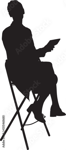 Obraz na płótnie This silhouette illustration depicts a woman sitting on a stool, holding a ipad or a book, possibly engaged in work, study, or presentation. The posture suggests confidence and professionalism. w salonie